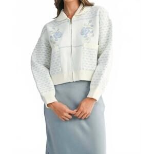 NEW MABLE audrey rose print jacquard knit zip up cardigan jacket in blue
